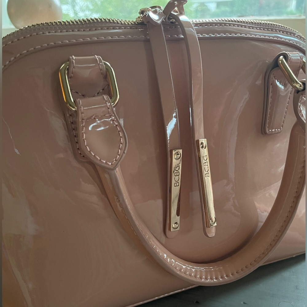 BCBG Pink and Gold Satchel Bag with Glossy Finish